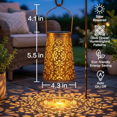 LeiDrail 2 Pack Hummingbird & Flower Solar Lanterns Outdoor, Hanging Waterproof Vintage Metal Lantern, Auto On/Off Garden Patio Yard Porch Pathway Decor, Gifts for Women Mom Grandma - color: Flower