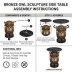 Luxurious Owl Side Table - 20" Premium Faux Marble Top Accent Table with Hand-Detailed Resin Owl Statue Base - High-End Round End Table for Study, Library, Nightstand - Tool-Free - color: Iron Owl