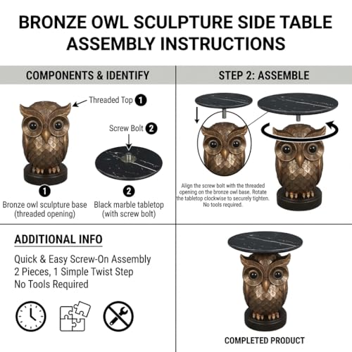 Luxurious Owl Side Table - 20" Premium Faux Marble Top Accent Table with Hand-Detailed Resin Owl Statue Base - High-End Round End Table for Study, Library, Nightstand - Tool-Free - color: Iron Owl