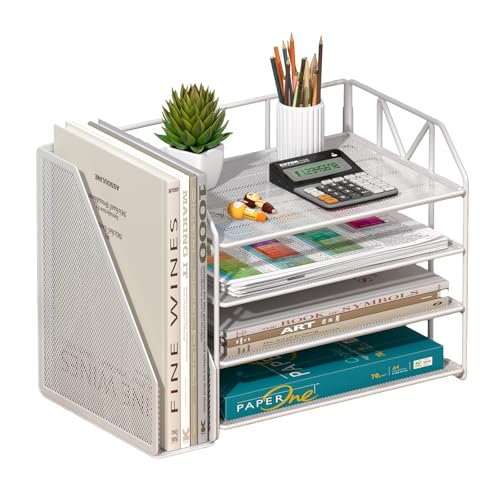 4-Tier Paper File Organizer with Drawer, Metal Desk Organizer, Tiered Paper Tray for Letter/A4 Files, Desktop Office Supplies Storage Rack, White - color: 4-Tier White with Bookend