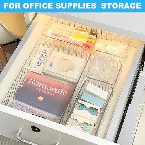 HOTOOLME 7PCS Clear Drawer Organizers Bins, 4 Size Stackable Makeup Drawer Organizer, Desk Plastic Drawer Storage Trays, Bathroom Drawer Storage for Cosmetics, Office Supply, Kitchen Utensils - style: 7 Pack