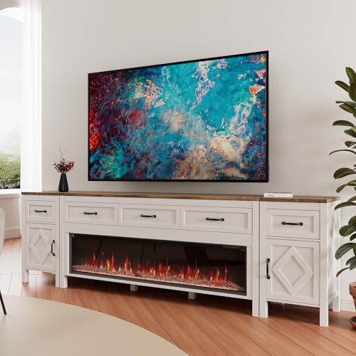 BVIUNTWO Modern TV Stand with Fireplace for TVs Up to 100 Inch,Entertainment Center with 60" Electric Fireplace,98" TV Console with Storage Cabinet Drawers for Living Room(Off White) - size: 98 Inch