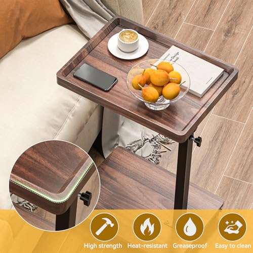 C Table End Table Adjustable Height, 360°Swivel TV Tray Table for Small Spaces, Couch Tables That slide under, C Shaped Side Tables living room and bedroom for Sofa, Bed,Chair, Snack (1, Walnut Brown) - color: Walnut Brown
