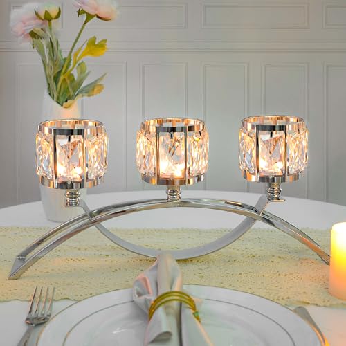 4 Pcs 3-Arm Crystal Tealight Candle Holders, Elegant Metal Arch Candlestick Centerpiece for Wedding, Party, Dining Room Table Decorations, Anniversary (4, Silver-3 Arm) - size: Silver-3 Arm