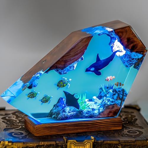 Drawelry Ocean Creative Epoxy Resin Wood Light Lamp, Handmade Multi Color Aquatic Ocean Lamp Deep Sea Diver Cave Diving Enthusiasts Led Night Light Desktop Decor Christmas Birthday Gift (Turtle, S) - color: Turtle