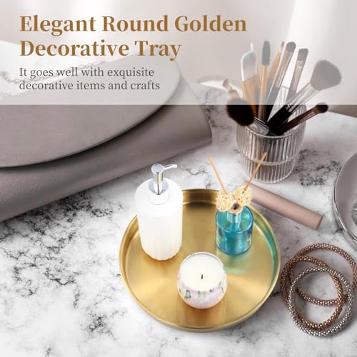6 PCS Gold Tray Serving Platter, 9.8 Inches Round Gold Decorative Trays, Stainless Steel Coffee Table Tray, Vanity Jewelry Makeup Organizer, Countertop Tray for Bathrooms, Cafes, Restaurants