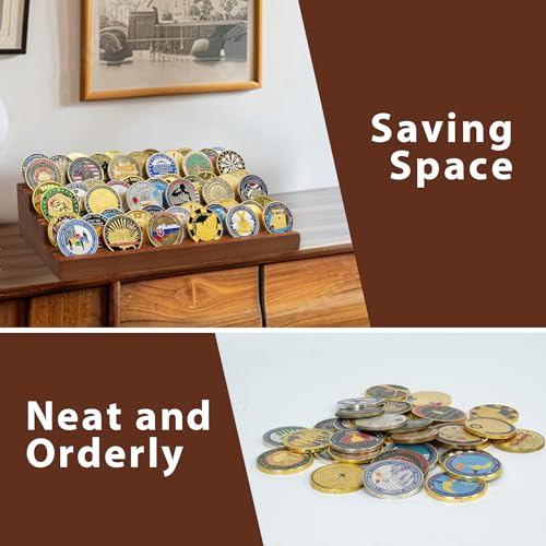 Challenge Coin Holder, 9 Rows Solid Wood Military Coin Display Stand Holds 60 Coins, Army Coin Rack Display Case for Desk Display