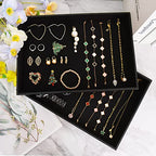 Black Velvet Stackable Jewelry Tray Showcase Display Stackable Necklace Bracelet Ring Showcase Display Empty Plate (2 Pack)