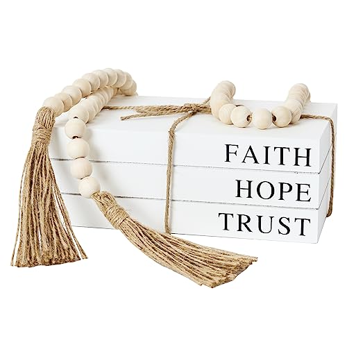 Decorative Books for Home Decor, White Faux Books for Decoration, Rustic Farmhouse Stacked Display Books (Faith, Hope, Trust) - style: FAITH, HOPE, TRUST
