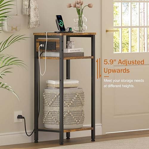 Asgolion Tall End Table with Charging Station, 3 Tier Narrow Tall Nightstand with Storage, Slim Side Table with USB Ports and Outlets for Bedroom, Living Room, Office, Rustic Brown and Black - color: Rustic Brown, style: With Outlet