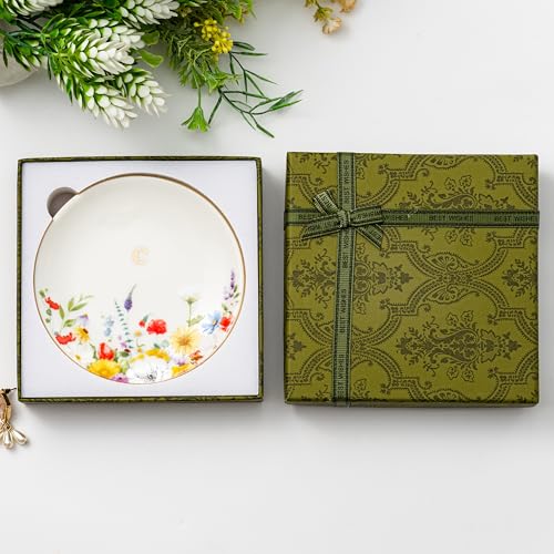 Crisky Flower Jewelry Tray Ring Dish & Gift Box, Ceramic Trinket Dish for Rings Earrings Necklaces Keys, Bridal Shower Engagement Birthday Gift for Women, Friends 4.57" (Gold Foil C - style: Initial C