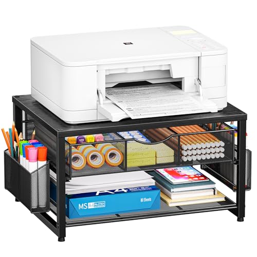 Marbrasse Wood Printer Stand for Desk, 2-Tier Desktop Printer Table for Home Office, Printer Stand with Storage Drawer 2 Pen Holders, Multi-Purpose Desk Organizer for Fax Machine Scanner (Wood Black) - color: Wood Black