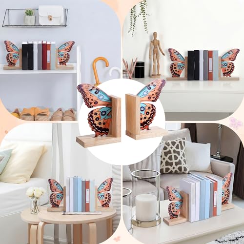 Decorative Butterfly Bookends Wooden Acrylic Butterflys Bookend Modern Bookshelf Decor Accent Book Stopper Decor for Home Farmhouse Shelves Office Lover Gift(Junonia Almana Butterfly) - style: Junonia Almana Butterfly