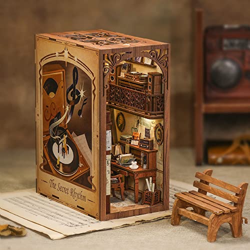 Cutefun Book Nook Kit,3D Wooden Puzzle Bookends,Miniature house kit with dust cover,Bookends Kit with LED Lights,DIY Dollhouse Bookend Tiny House for Adults,Birthday Easter Home Decor for Teens Adults - style: The Secret Rhythm