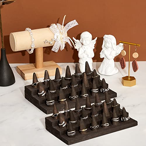 Juexica 2 Pcs Wooden Ring Display Ring Holder Display Stand for Jewelry Wood Jewelry Counter Showcase 3 Step Rings Organizer for 18 Rings Storage Selling(Gray Black) - color: Gray Black