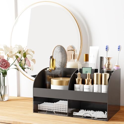 Makeup Organizer with Drawers, Cosmetic Storage for Dresser Vanity and Bathroom Countertop, Beauty Holder for Lipstick Brush, Skincare Organizer for Vanity, Cosmetic Display Case (Black) - color: Black