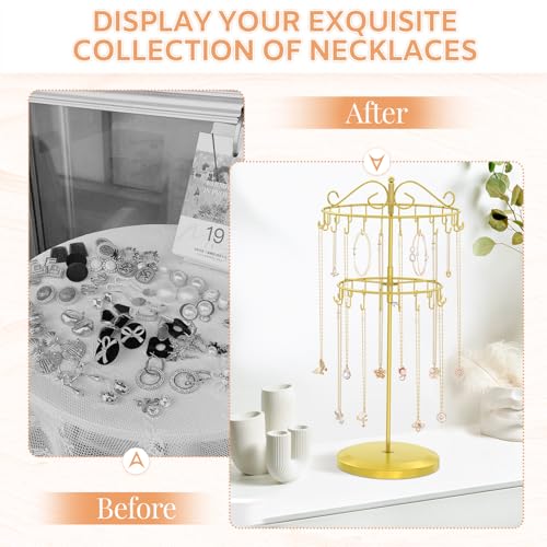 iDavosic.ly 2 Tier Rotating Necklace Holder Organizer with 42 Hooks, Adjustable Metal Bracelet Display Stand Rack, Extra Tall Keychain Spinning Tree Tower for Women, Gold - color: Gold