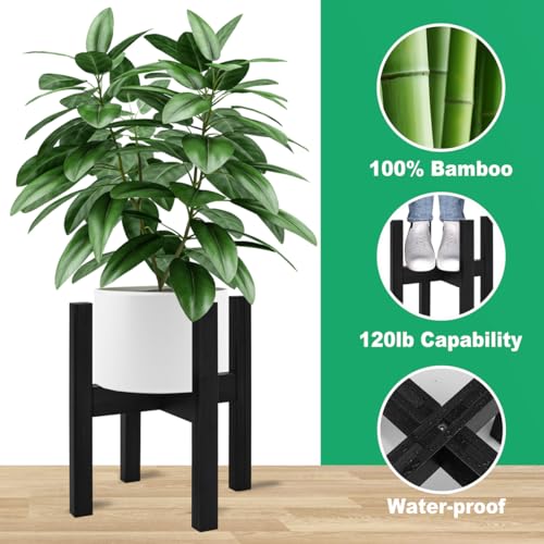 Rnined Adjustable Plant Stand Indoor,Bamboo Mid Century Modern Plants Stands, Stable Plant Holder,Fit 8 9 10 11 12 inch Pots (Pot & Plant Not Included)(Black) - color: Black