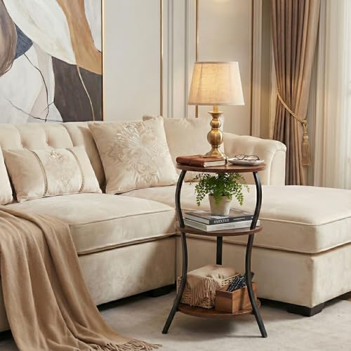Vintage Small Round Side Table, 3-Tier Slim Waist Circular End Table with Storage Shelf, Compact Tea Sofa Table, Round Corner Coffee Table Nightstand for Living Room Bedroom Small Spaces,Rustic Brown - color: Rustic Brown, style: Classic