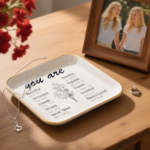 Catholic Christian Ring Tray Gifts , Ceramic Jewelry Dish with Bible Verses – Inspirational Keepsake Gift for Women & Girls, Perfect for Baptism, First Communion or Confirmation - style: Christian Gifts