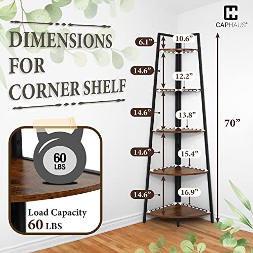CAPHAUS Tall Corner Shelf Stand, 5-Tier Display Shelves, Ladder Corner Wood Storage Plant Bookshelf with Metal Frame, Versatile Shelving Unit Bookcase for Home Office Space, Rustic Oak - color: Rustic Oak, size: 5-Tier