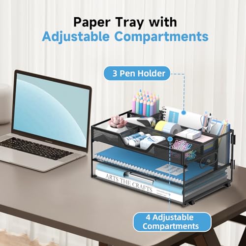 Daltack 3-Tier Desk Organizer with Handle, Mesh Paper Organizer with Pen Holders & Adjustable Compartments & A4/Letter Paper Trays for Home Office Supplies, Black - color: Black With Pen Holders