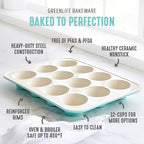 GreenLife 12-Cup Muffin Pan, PFAS-Free Healthy Nonstick Baking Tray, 11.4" x 1.9" x 15.9", Durable Ceramic Bakeware, Cupcakes, Egg Bites, Tarts, Brownies, Turquoise - color: Turquoise, size: 12 Cup Muffin Pan