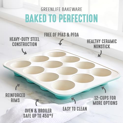 GreenLife 12-Cup Muffin Pan, PFAS-Free Healthy Nonstick Baking Tray, 11.4" x 1.9" x 15.9", Durable Ceramic Bakeware, Cupcakes, Egg Bites, Tarts, Brownies, Turquoise - color: Turquoise, size: 12 Cup Muffin Pan