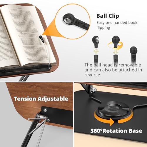SupeDesk Book Stand for Reading, Adjustable Book Holder with 360° Rotating Bases, Foldable Designs, and Elastic Clips, Multifunctional Display Stand for Recipe, Cookbooks, Magazines, Tablets, Laptops - color: Dark Wood