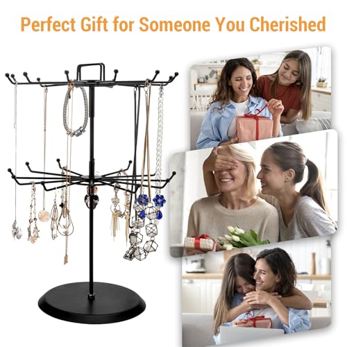 MyGift 2 Tier Black Metal Rotating Necklace tree stand for vendor & bracelet holder Jewelry Stand with 24 Hooks, Multipurpose Accessory and Keychain Spinning Display with Top Handle Card organizer - color: Black (2 Tier)