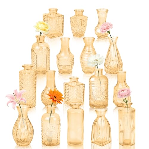 Glass Bud Vases in Bulk Set of 17, Gold Small Mini Vases for Flowers, Vintage Vase for Centepiece,Wedding, Table Decor, Baby Shower, Christmas, Home and Events - color: Gold