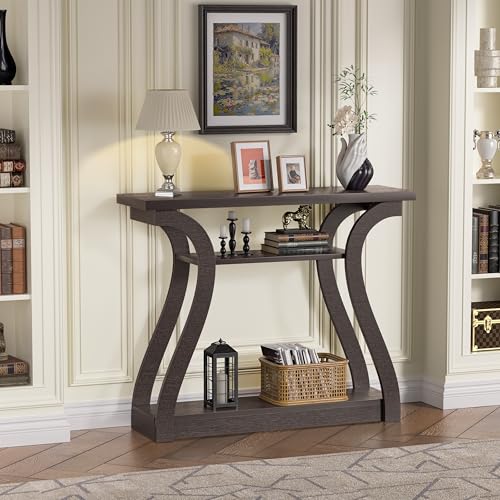 47" Wood Console Table for Entryway, Narrow Sofa Table with 3-Tier Shelves, Curved Legs Farmhouse Hallway Table, Skinny Console Table Behind Couch, Rustic Wooden Entry Table for Living Room (Brown) - color: Reddish Brown