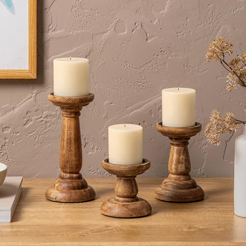 JFY Designs Hand Carved Solid Wood Candle Holder Set of 3 - Pillar Candle Holders Decorative Candlestick Holder for Home Décor, Wedding, Dinning, Party - color: Natural
