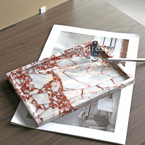 100% Natural Marble Serving Tray Luxury Marble Storage Tray for Home Decor Stone Tray for Bathroom/Kitchen/Vanity/Dresser,Plate Holder for Tissues, Candles, Towel - color: Marble Tray-calacatta Red