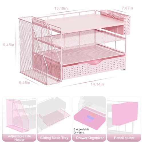 gianotter Wood Desk Organizers and Accessories with File Holder, 4-Tier Desk Accessories & Workspace Organizers with Drawer and Pen Holder, Paper Organizer for Office Supplies (Pink) - color: Pink