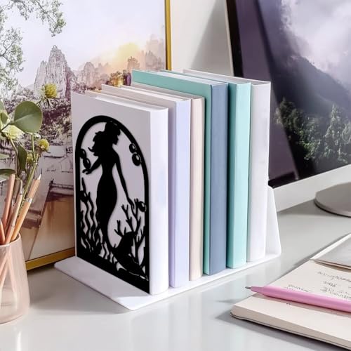 Peacoblue Metal Bookends for Shelves, Modern Decorative Heavy Duty Study Book Support Stoppers for Office, Desk, Shelf, Room 5.3"x4.3"x7.9" Cast Iron Simple Tall Bookends, 1 Pair (Mermaid) - style: Mermaid