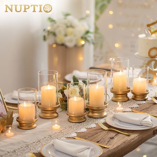 NUPTIO Hurricane Candle Holder Gold: Pillar Candle Holders with Clear Glass Sleeve - Set of 2 Decorative Brass Metal Pillars Stand for Dining Table Centerpiece Shelf Fireplace Mantel Decor - color: Gold