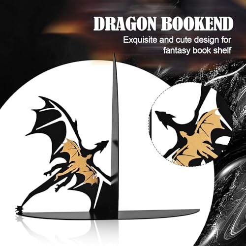 Metal Dragon Bookends Stoppers Holder Stand for Desk Shelf Cool Dragon Bookends Decorative, Fantasy Dragon Bookends for Bookshelf Decor Dragon Lovers - color: Gold