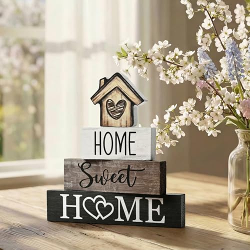 Smile 4 Pcs Farmhouse Wooden Tabletop Decor Home Tiered Tray Decoration, Rustic Retro Neutral Wood House-Shaped Block Sign, Centerpiece Suitable for Home Shelves Fireplace Mantels - style: Sweet House