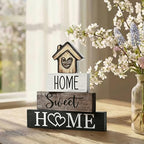 Smile 4 Pcs Farmhouse Wooden Tabletop Decor Home Tiered Tray Decoration, Rustic Retro Neutral Wood House-Shaped Block Sign, Centerpiece Suitable for Home Shelves Fireplace Mantels - style: Sweet House
