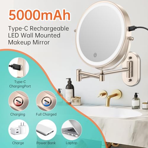 5000mAh Rechargeable Wall Mounted Lighted Makeup Vanity Mirror, Double Sided 1X 30X Magnifying Bathroom Mirror, 3 Color Lighting, Touch Screen Dimming, Extended Arm 360 Rotation Shaving Mirror - color: Brushed Nickel