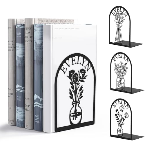 Custom Name Metal Book Ends 2 Pcs, Unique Bookends for Shelves Room Decorative, Heavy Duty Metal Bookends, Non-Slip Book Stopper, Book Shelf Holder for Home Office School, Book Lovers Gifts - color: Color07 Flowers