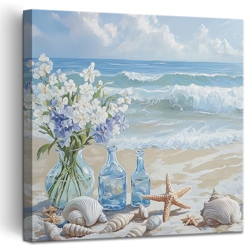 Blue Beach Canvas Wall Art Coastal Floral Vase Wall Decor Picture Ocean Theme Seascape Starfish Conch Poster Print for Bathroom Bedroom Living Room Office Decoration 12x12in - size: 12"L x 12"W