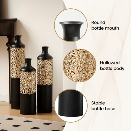 Floor Vases, Tall Home Decor Metal Vase Set of 3 Large Glazed Decorative Vases for Wedding Decor, Elegant Modern Flower Holder for Living Room, Entryway, Hallway, Dining Room - color: Leaf Cluster Black Gold