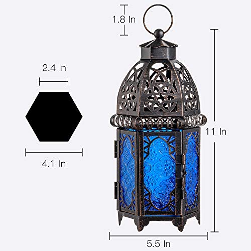 Vintage Candle Lantern, 12.8’’ Moroccan Style Decorative Metal Hanging&Tabletop Lantern, Ramadan Christmas Candle Holder Decorations for Home Outdoor Patio (Blue) - color: Blue - 12.8''h, size: Large