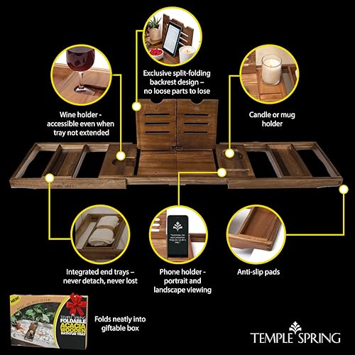 Temple Spring Foldable Bathtub Tray, Unique Design Selfcare Bathroom Caddy, Acacia Spa Bathroom Tray, Wooden Bathtub Accessories, Wedding Gift/Birthday Gift/New Home Bath Table – Not Teak - color: Foldable Acacia