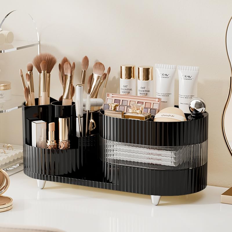 Rotating Vanity Organizer with Brush Holder and Drawer, 3 Layer Cosmetic Skincare Storage, Large Countertop Makeup Perfume & Lotions Display Case (Black) - color: 3 Layer Rotating Makeup Organizer-Black