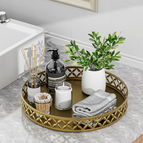 EKNITEY Bathroom Counter Vanity Tray - Perfume Makeup for Dresser Tops Gold Round Serving Candle Decorative Storage Home Decor 11'' Floral-gold - color: Floral-gold