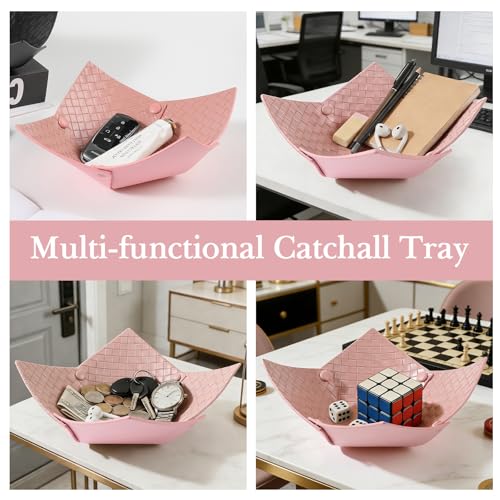 KINIVA 2 Pack PU Leather Jewelry Valet Tray for Men Women,Small Key Bowl for Entryway Table,Portable Travel Catchall Dice Tray (Bowl-Pink-2pcs) - style: Bowl-Pink-2pcs