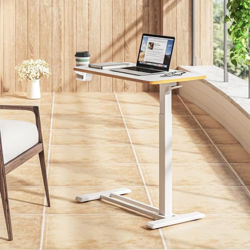 SANODESK Medical Adjustable Overbed Bedside Table with Hidden Casters, Pneumatic Mobile Laptop Computer Standing Desk Cart Overbed Table with Tray, Hospital and Home Use(27.6" W x 15.7" D, White) - color: White, size: Small
